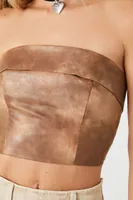 Women's Faux Leather Cropped Tube Top in Brown Small