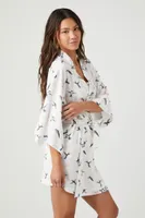 Women's Hummingbird Print Tie-Waist Robe in Ivory Small