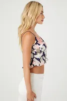 Women's Satin Floral Print Cropped Cami in Navy/Coral Large