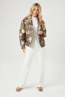 Women's Twill Floral Print Moto Jacket in Olive Small