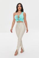 Women's Lace-Up One-Shoulder Crop Top in Mint Large