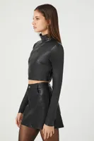 Women's Faux Leather Mock Neck Crop Top in Black Small