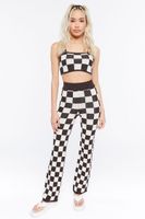 Women's Sweater-Knit Checkered Crop Top & Pants Set in Brown Small