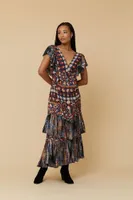 Women's Ornate Floral Tiered Ruffle Maxi Dress in Blue/Orange Small