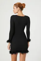 Women's Faux Feather-Trim Midi Sweater Dress in Black Large