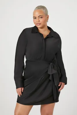 Women's Satin Wrap Shirt Dress in Black, 1X