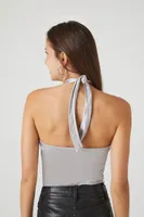 Women's Satin Rosette Halter Bodysuit Silver