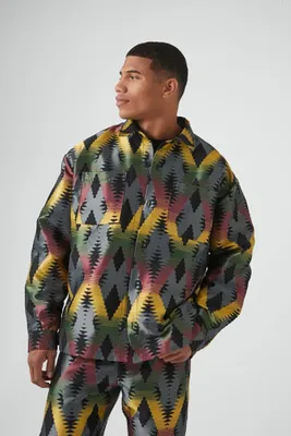 Men Abstract Geo Print Button-Front Jacket in Grey Large