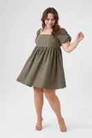 Women's Puff-Sleeve Babydoll Dress in Sage, 0X