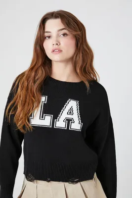 Women's Distressed LA Graphic Sweater in Black, XL