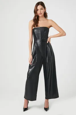 Women's Faux Leather Strapless Jumpsuit in Black, XS