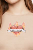 Women's Flaming Heart Graphic Baby T-Shirt in Taupe Small