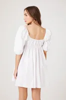 Women's Poplin Puff-Sleeve Babydoll Dress in White, XS