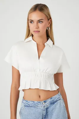 Women's Plunging Shirred Flounce Crop Top in White Small