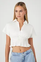 Women's Plunging Shirred Flounce Crop Top White