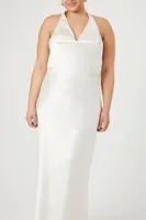 Women's Satin Halter Maxi Dress in Ivory, 3X