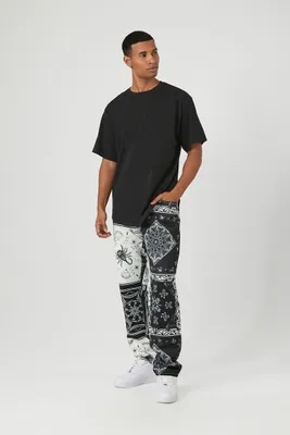 Men Satin Paisley Print Slim-Fit Pants in Black/Cream, 32