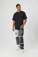 Men Satin Paisley Print Slim-Fit Pants in Black/Cream, 32