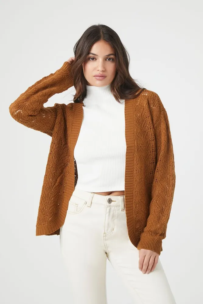Women's Pointelle Knit Cardigan Sweater in Brown Medium