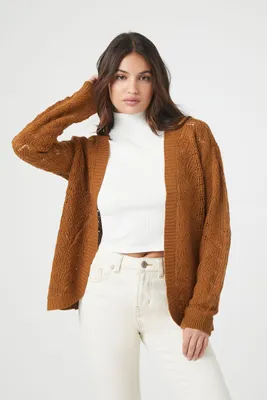 Women's Pointelle Knit Cardigan Sweater in Brown Large