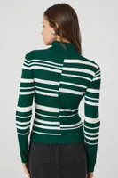 Women's Abstract Striped Turtleneck Sweater Top in Hunter Green/White Large