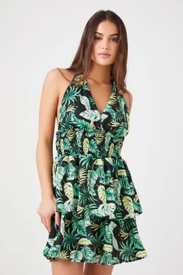 Women's Tropical Print Halter Mini Dress