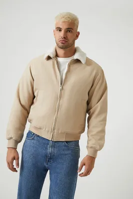 Men Faux Shearling-Trim Trucker Jacket in Taupe Large