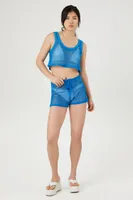 Women's Sheer Netted Cropped Tank Top in Ibiza Blue Medium