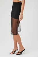 Women's Sheer Overlay Midi Skirt in Black, XS