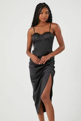 Women's Satin Ruched Bustier Midi Dress in Black Large