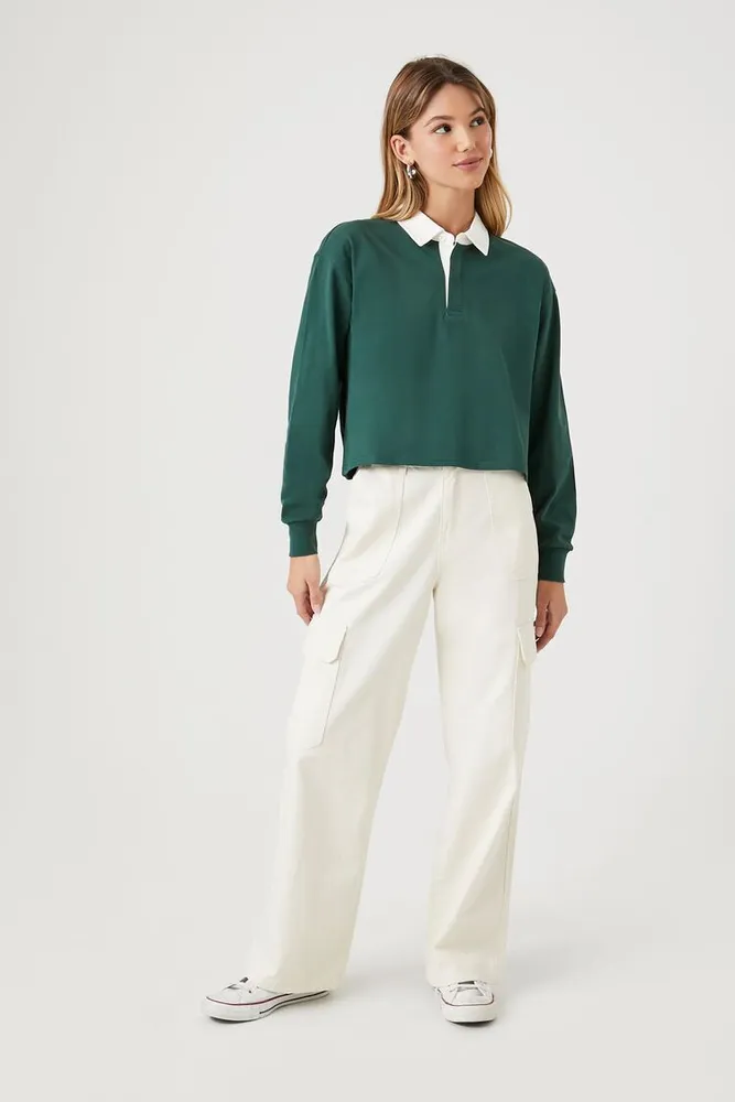 Women's Cropped Long-Sleeve Rugby Shirt in Hunter Green/White, XL