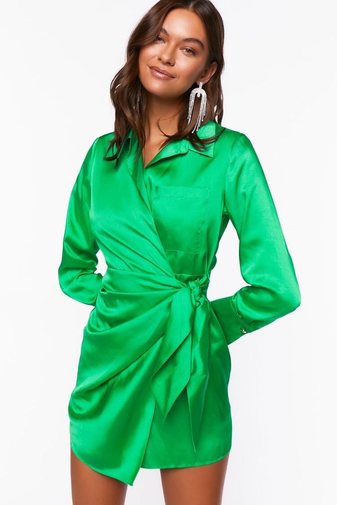 Women's Satin Wrap Mini Dress in Green Haze Small