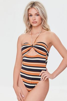 Women's Striped Cutout One-Piece Swimsuit in Black Small