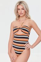 Women's Striped Cutout One-Piece Swimsuit in Black Small