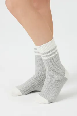 Waffle Knit Varsity-Striped Crew Socks in Grey