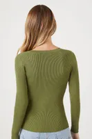 Women's Ribbed Knit V-Neck Sweater in Olive Medium