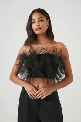 Women's Mesh Ruffle Tube Top in Black Small