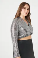 Women's Sequin Surplice Crop Top Silver,