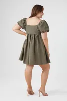 Women's Puff-Sleeve Babydoll Dress in Sage, 0X