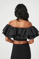 Women's Velvet Off-the-Shoulder Ruffle Top Black