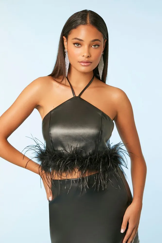 Women's Feather Halter Crop Top in Black Large