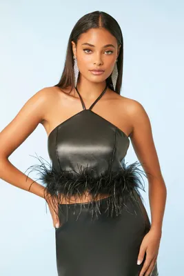 Women's Feather Halter Crop Top in Black Large