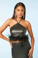 Women's Feather Halter Crop Top in Black Small