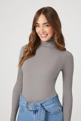 Women's Ribbed Turtleneck Bodysuit in Dark Grey Large