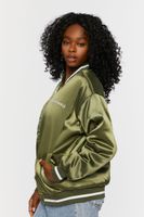 Women's Satin Embroidered Bomber Jacket in Olive/White Medium