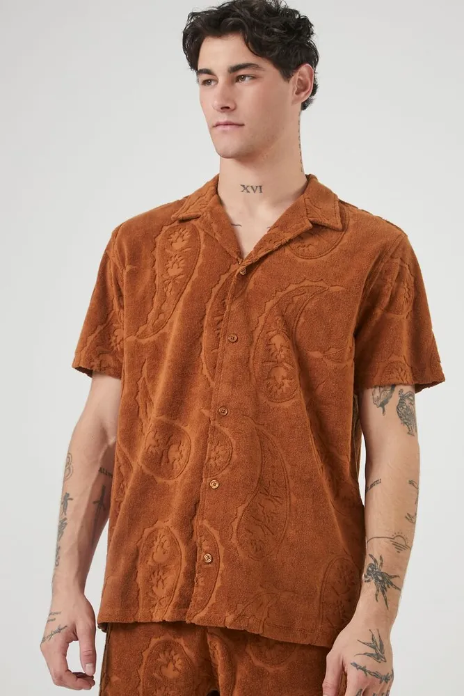 Men Relaxed Paisley Print Shirt in Rust, XXL