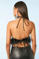 Women's Feather Halter Crop Top in Black Small