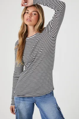 Women's Striped Ribbed Knit Long-Sleeve Top in Black/White Small