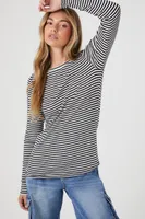 Women's Striped Ribbed Knit Long-Sleeve Top in Black/White Small