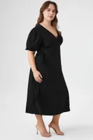 Women's Puff-Sleeve Midi Wrap Dress in Black, 3X